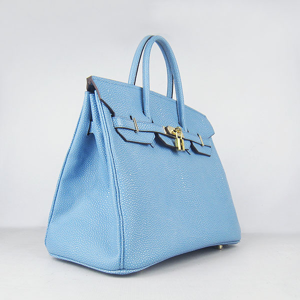 High Quality Fake Hermes Birkin 35CM Pearl Veins Leather Bag Light Blue 6089